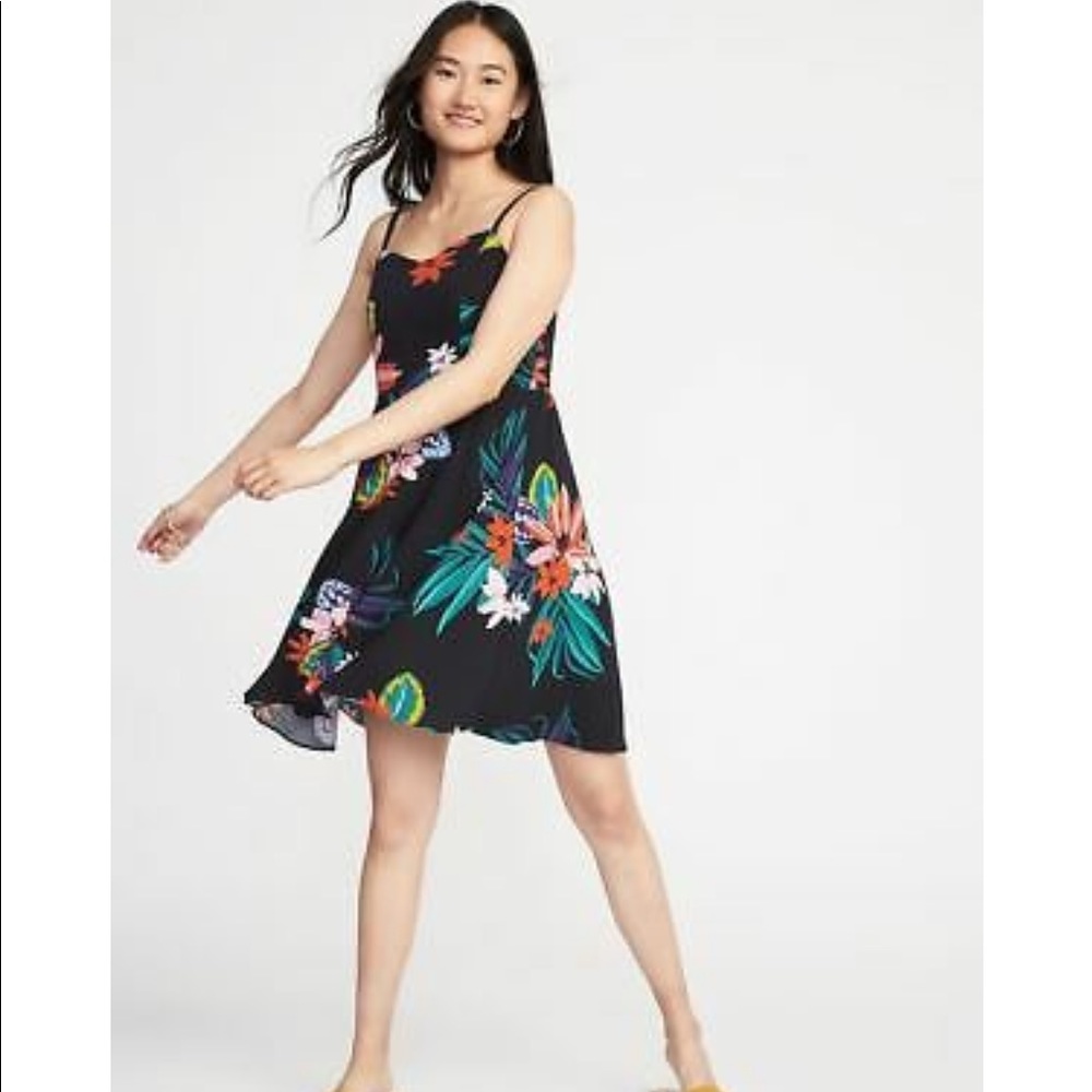 Old Navy Black Floral Fit & Flare Cami Dress